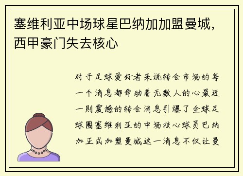 塞维利亚中场球星巴纳加加盟曼城，西甲豪门失去核心