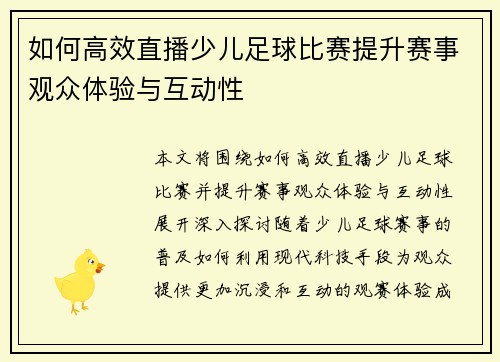 如何高效直播少儿足球比赛提升赛事观众体验与互动性